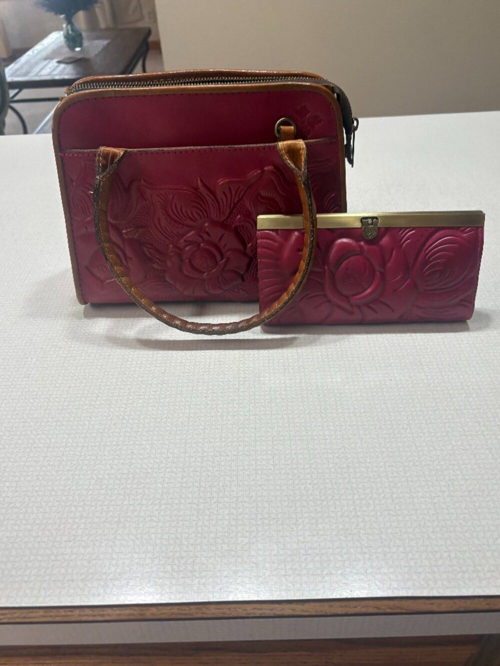Like new Patricia Nash Leather Raspberry & Brown Tooled Rose Purse & Wallet set